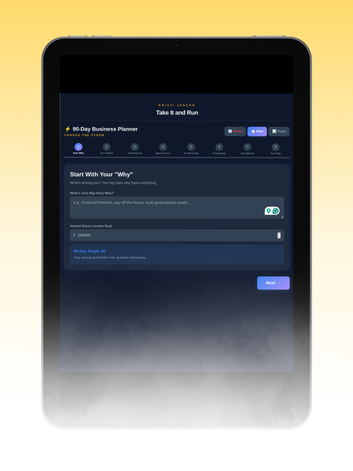 Screenshot of a digital business planning tool titled '90-Day Business Planner' with sections to input motivation, income goals, and targets.